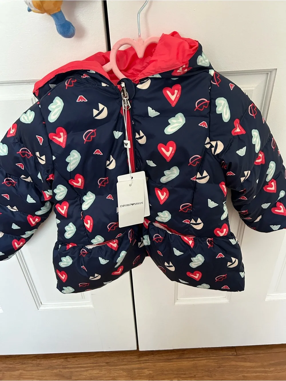 Emporio Armani Navy Puffer Jacket with Heart Print